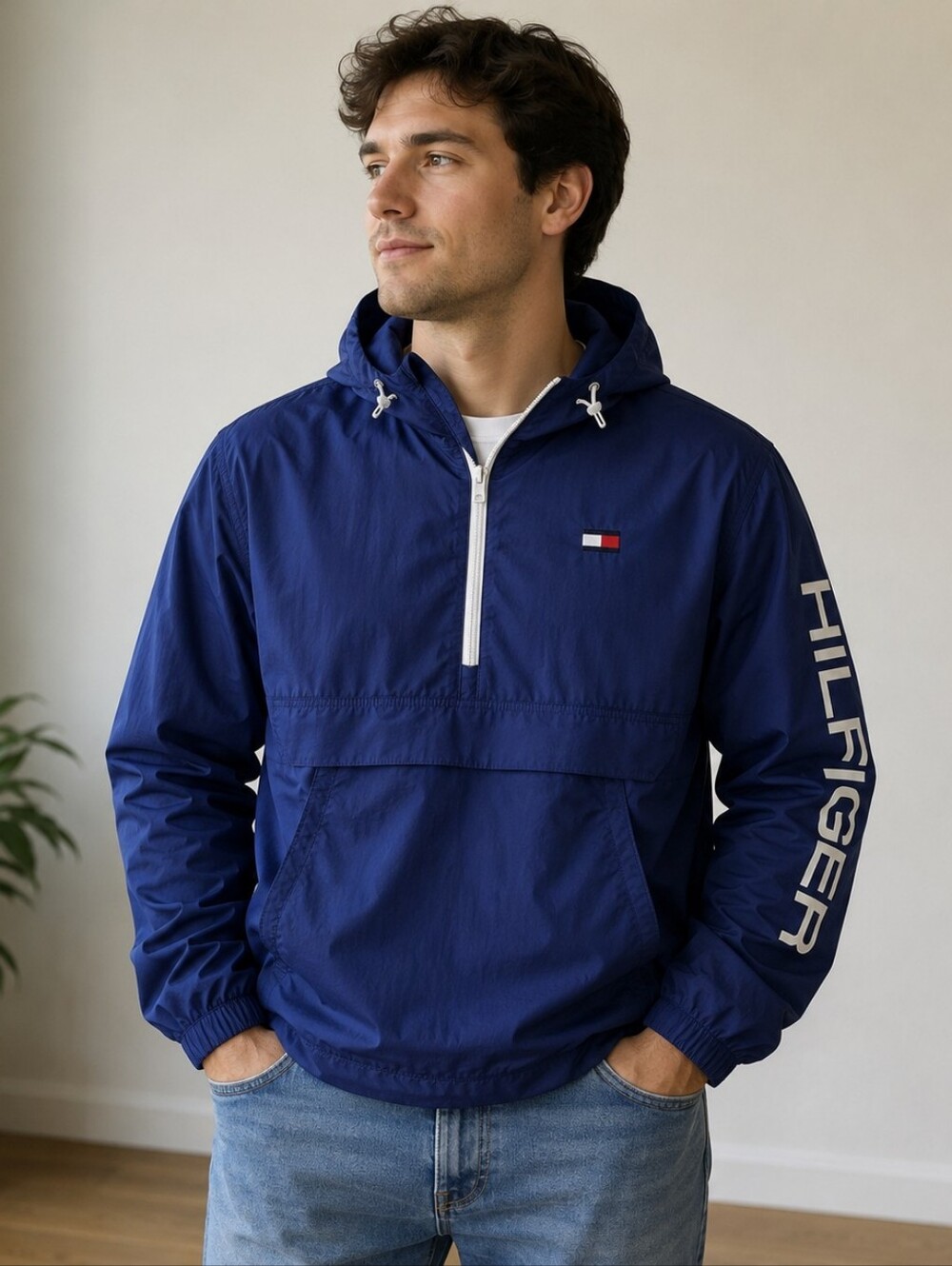 Tommy Hilfiger Taslan Hooded Windbreaker Jacket Mens Blue Lightweight Outdoor L